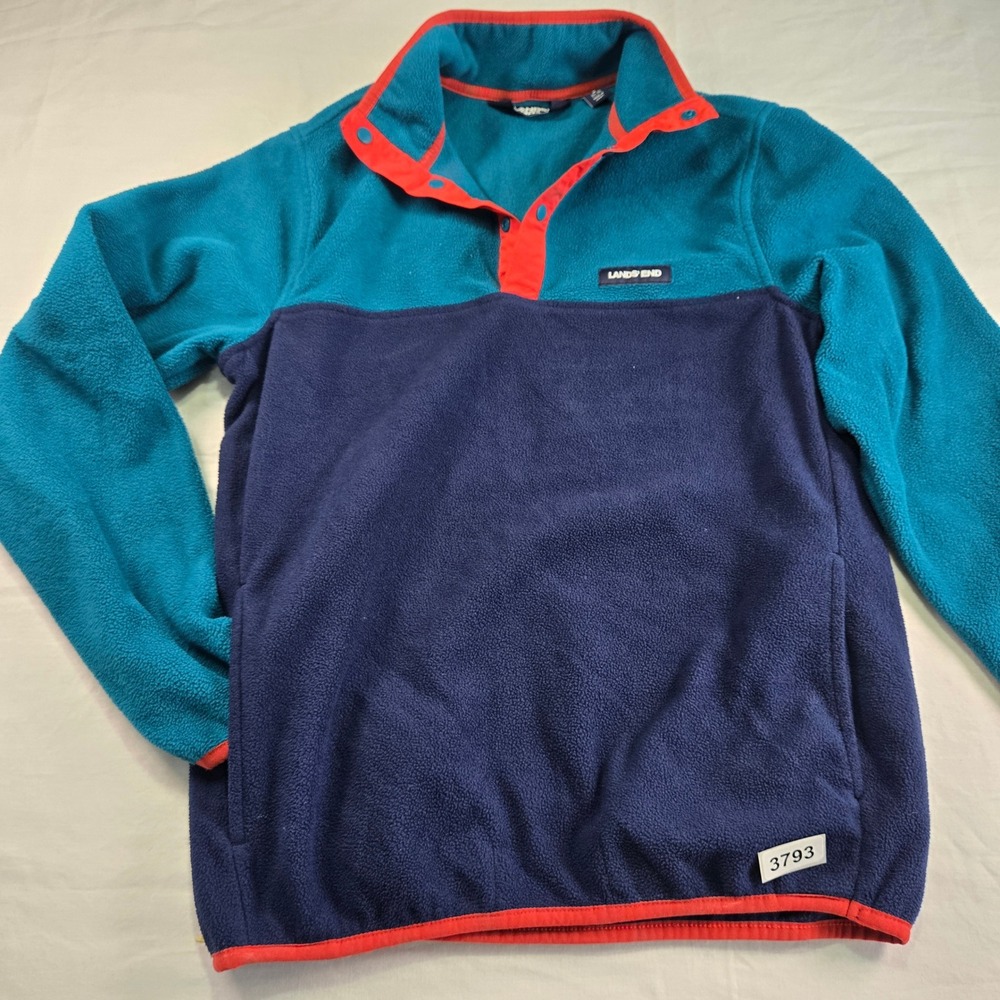 Lands End Fleece Pullover Snap Neck Sweatshirt Colorblock Teal Navy Orange SZ S